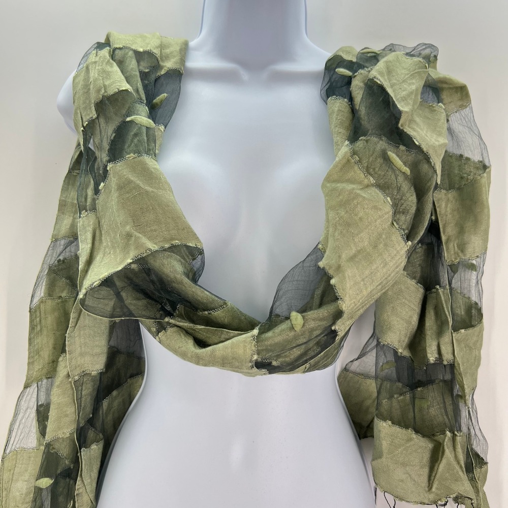 Blue Pacific 100% Silk Scarf Olive Green Mesh Striped Wrap Artsy Lagenlook USA